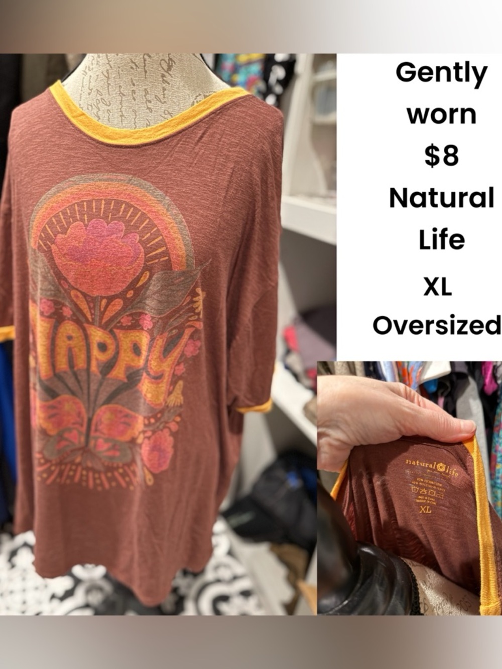 NATURAL LIFE Brown Graphic 'Happy' Tee with Yellow Trim Oversized